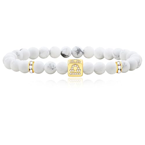 Image of Inlaid Zircon 12 Constellation Adjustable Stretch Bracelet - 6mm Frosted White Turquoise Beaded Bracelets for Women Men SJYA4647