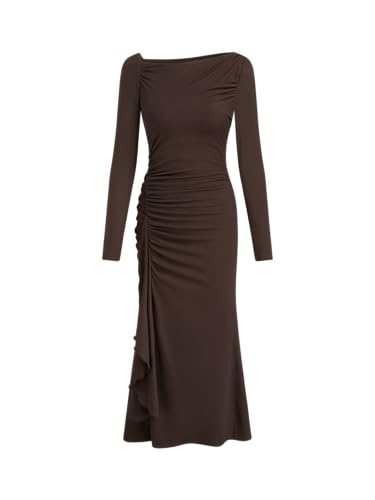 CIDER Women's Long Sleeve Maxi Dress Asymmetrical Ruffle Hem Bodycon Evening Party Dress