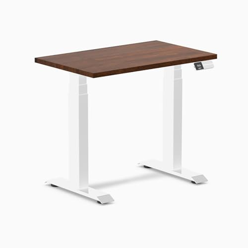Image of Desky Small Electric Standing Desk, 32 x 20 inches Rubberwood Height Adjustable Sit Stand Desk with Dual Motor and Memory Presets, Compact Home Office Workstation - Red Walnut Wood Top