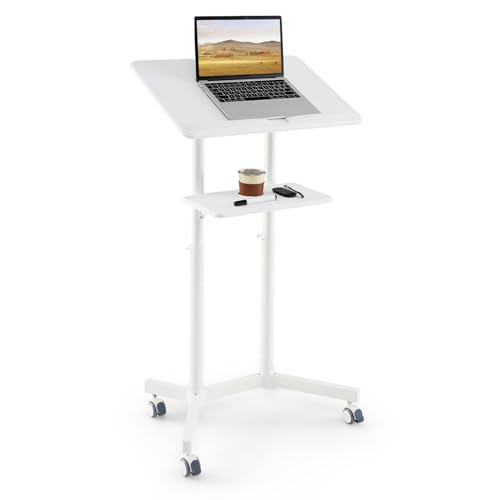 GIANTEX Atril de Conferencia con Altura Ajustable 104,5-128,5 cm, Soporte Móvil para Ordenador Portátil, Mesita de Ordenador con Ruedas, con Estante Abierto, para Oficina, Estudio (Blanco)