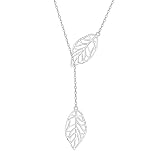 DAOCHONG Long Necklace Sterling Silver Leaf Larait Bar Y Lariat Long Chain Drop Adjustable Necklace for Her, 30"
