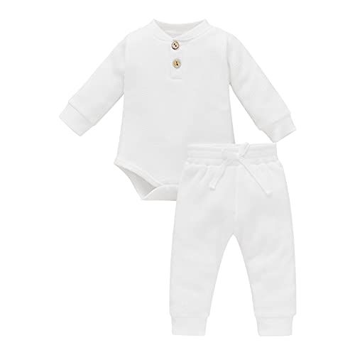 ITFABS Organic Baby Boy Girl Pajamas Set Long Sleeve Bodysuit Rompers+Pants Solid Toddler Sleeper PJS Baby Clothes Outfits(18-24 Months,White baby clothes set)
