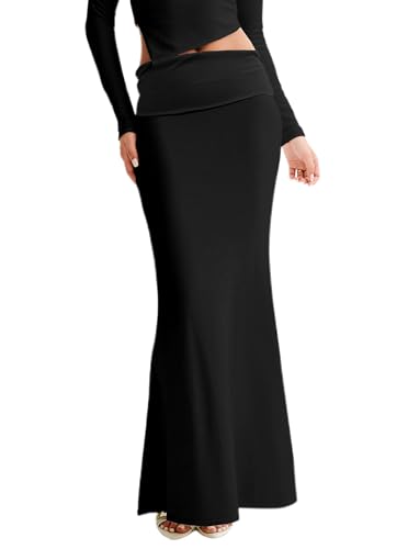 Women's Folded High Waisted Ribbed Knit Maxi Skirt Bodycon Fishtail Long Skirts