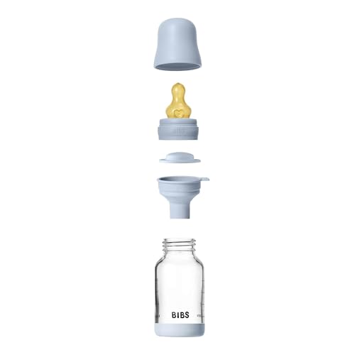 Image of BIBS Baby Glass Bottle. 4 US fl oz / 120 ml. Anti-Colic. Vented Round Natural Rubber Latex Nipple. Supports Natural Breastfeeding, Slow Flow, Complete Set - Baby Blue