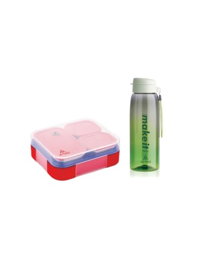 Image of ATTRO Prime Admire 3 Lunch Box with Sipstar Water Bottle, School Tiffin Combo-Green Red