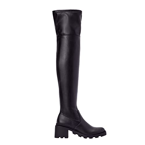 JustFab Thigh High Boots for Women - Black Faux Leather Over-the-Knee Boots with Chunky Heel - Jordane