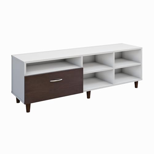 Image of VIKI Modern TV Unit for Living Room | Engineered Wood TV Cabinet with 1 Drawer Storage & 3 Open Shelves, Entertainment Unit, 140W x 48H x 40D cm | DIY | 1 Year Warranty (White & Wenge)
