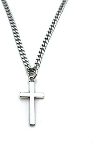 Religious Gift for Men, 18" 20" 22" 24" or 28" Inch Length, Silver Cross Necklace for Man, 3mm Stainless Steel Curb Chain, Men Christian Jewelry, Husband, Boyfriend, Son, Grandson, Godson, Godfather