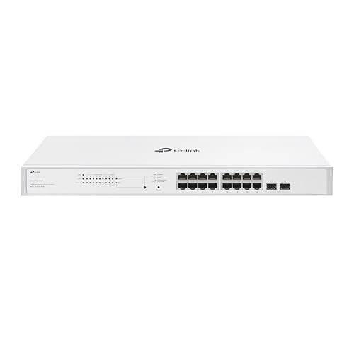 TP-Link Festa FS318GP 18-Port Gigabit Switch 16× Gigabit 802.3af/at PoE+ Ports 2× Gigabit-SFP-Steckplätze 150W Gesamt-PoE-Budget bis zu 30 W PoE-Leistung pro Port Kostenlose Cloud-Verwaltung