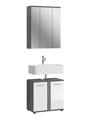 xonox.home Badezimmer Blake 2tlg. Kombination Badmöbel Set Set für kleine Bäder Komplettprogramm Badezimmer Bademöbel-Set in weiß Hochglanz, rauchsilber Nachbildung
