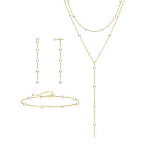 Image of Zeffy Gold Pearl Necklace for Women, Dainty 14K Gold /Silve Plated Layered Pearl Choker Pearl Earrings Pearl Bracelets Wedding Trendy Gold Jewelry Set for Women Gifts