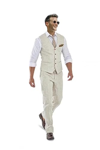 Casual Linen Beige Men's 2 Piece Suits Wedding Suits Slim Fit Groomsmen Tuxedos Prom Waistcoat Summer Linen Vest+Pant