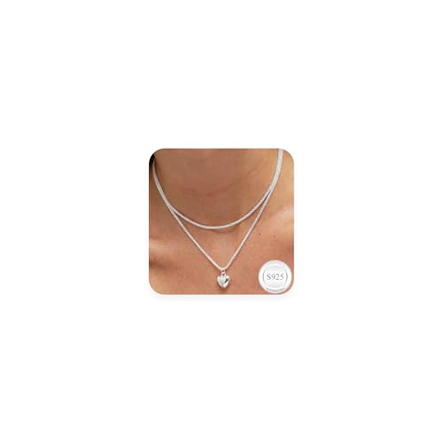 VEEDOFA Silver Necklaces for Women,Sterling Silver Chains Layered Necklace With heart Pendant Non Tarnish Adjustable Silver Necklaces for Women 16 18Inch