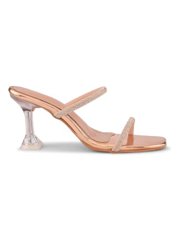Image of XE Looks Women's Rhinestone Double Strap Slip-On Heeled Sandals with Transparent Sculpted Heel | Soft Cushioned Footbed | Elegant Open Square Toe Sandals for Girls & Women