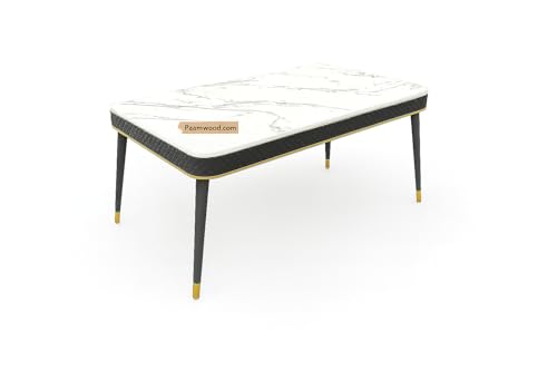 Image of Swiss Modern Dining White Nano Composite Marble Top Table Set with Sheesham Wood Legs, 6 Seater with Upholstered Chairs (71x36x30 Inches)