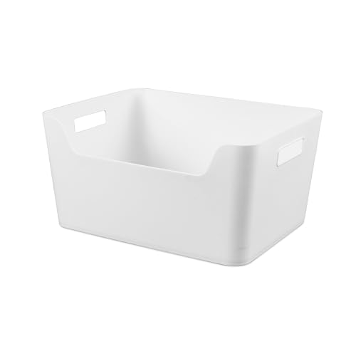 Image of (6 pack) Extra Large Plastic Storage Bins, 11 inch W x 14.3 inch D x 7 inch H, Front Opening Container for Pantry, Closet, Bathroom Organization, White