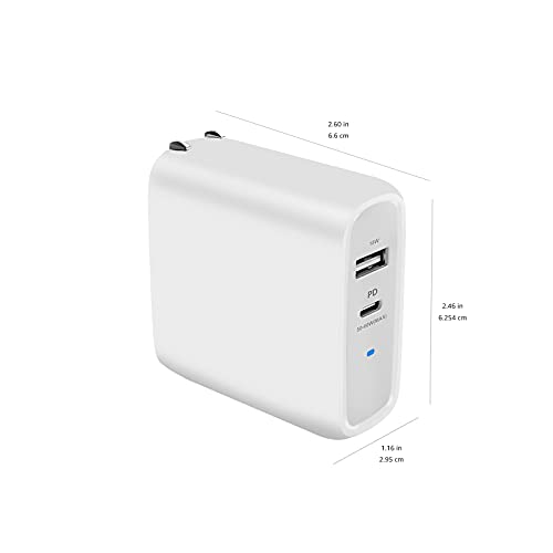 Image of Amazon Basics 68W Two-Port GaN Wall Charger with 1 USB-C (60W) & 1 USB-A Ports (18W) with PD for Laptops, Tablets & Phones (iPhone 16 /15 /14 /13 /12 /11 /X, iPad, MacPro, Samsung, More), Non-PPS, White