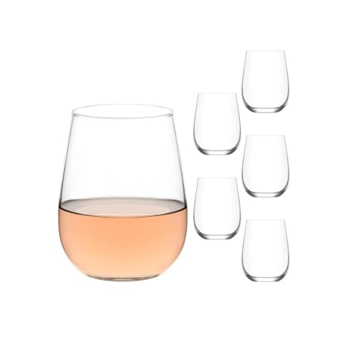 LAV Stemless Red & White Wine Glasses Tumbler Set of 6 - Drinking Glassware for Water Champagne Martini Mimosa Prosecco Cocktail Sangria - Short 16 oz No Stem Glasses Dishwasher Safe