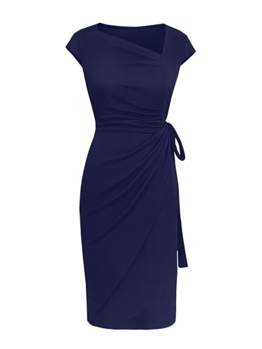Image of Women's Vintage Cap Sleeves Asymmetrical Neckline Sheath Bodycon Casual Work Cocktail Party Pencil Faux Wrap Dresses