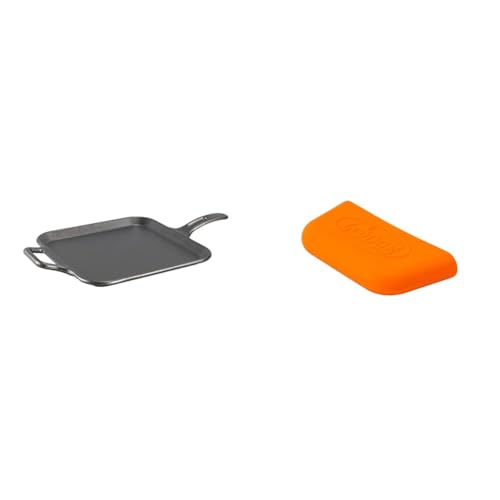 Lodge BOLD 12 Inch Seasoned Cast Iron Square Griddle + Lodge BOLD Silicone Assist Handle Holder - Fiery Orange - image 1