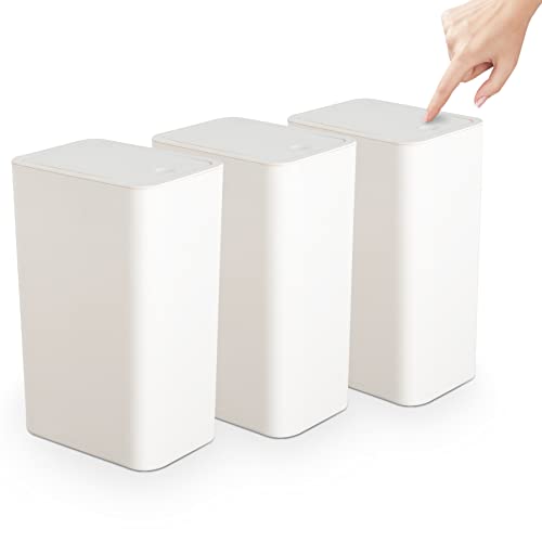 TrashAid 3 Pack Bathroom Trash Can with Lid, 2.6 Gallon / 10 Liter Small Garbage Can with Press Top Lid, Plastic Wastebasket with Pop-up Lid for Toilet, Office, Bedroom, Living Room, White