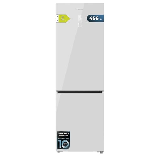 Cecotec Frigorífico Combi Total No Frost Bolero CoolMarket Combi 456 White Glass C, 456 L, Alto 201 cm y 59,5 cm Ancho, MAX INSIDE con VIP tech, Compresor Inverter Plus, Botellero y Bandejas Cristal