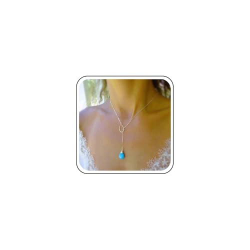 Boho Turquoise Y Necklace Silver Circle Teardrop Necklace Choker Blue Gemstone Lariat Necklace Vintage Gem Drop Necklace Jewelry for Women