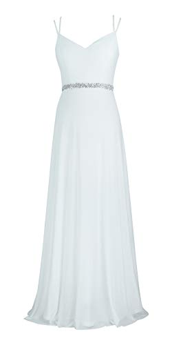 Women Prom Dresses Deep V Neck Beaded Double Spaghetti Straps Backless Maxi Party Evening Dress (7615 White,XXL)