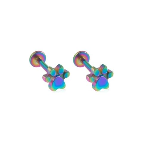 Niaspi 2Pcs 16G Stainless Steel Paw Cartilage Stud Earrings for Women Paw Print Flat Back Earrings Studs Labret Monroe Lip Rings Conch Helix Tragus Piercing Jewelry (Colorful) Cover
