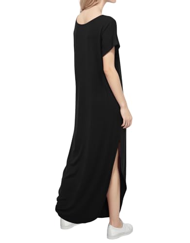 Image of Match Women's V-Neck Casual Loose Short Sleeve Long T-Shirt Dress Split Maxi Dress with Side Pocket