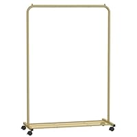 SONGMICS Clothes Rack, Clothes Rail on Wheels, Metal Clothing rail for Bedroom, 91 cm Long Hanging Rail, with Storage Shelf, 2 Lockable Wheels, Top Rail Holds up to 40 kg, Gold HSR025A01