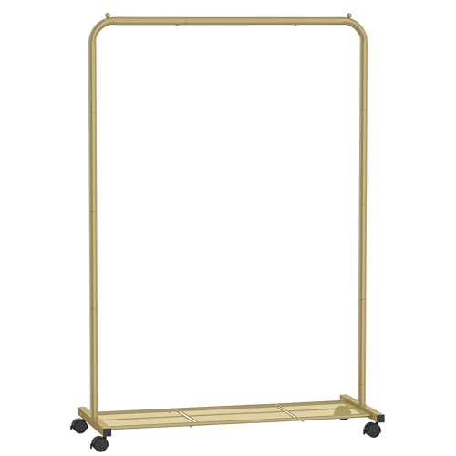 SONGMICS Clothes Rack with Wheels, Clothing Rack for Hanging Clothes, 25.4 mm Metal Garment Rack with Dense Mesh Storage Shelf, 110 lb Load Capacity, 2 Brakes, Gold UHSR025A01 Gold Single Ro