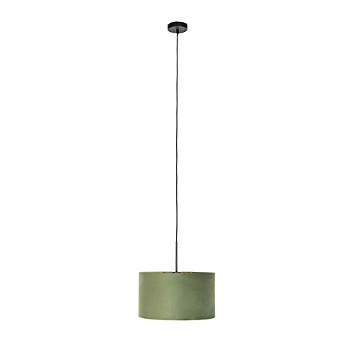 Qazqa Landhaus-Hängelampe 'Frills Can' – Grüner Samt Mit Rattan, 60 Cm, Höhenverstellbar, E27, Dimmbar