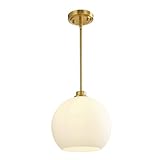 AUNALOG Milk Glass Pendant Light, 9.8' Mid Century Modern Pendant Lighting for Kitchen Island, Adjustable Brass Globe Hanging Fixture, Over The Sink Light for Dining Room, Entryway
