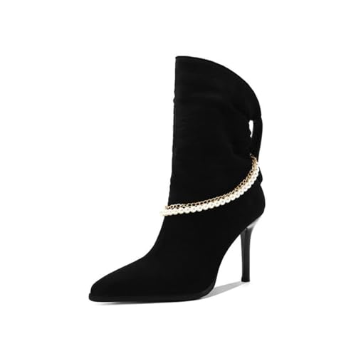Women's Fashion Pointed Toe Ankle Boots Sexy Stiletto Heel Comfortable Mid-Calf Boots Elegant Pearl String Short Boots Slip on Party Dress Suede Pumps Shoes