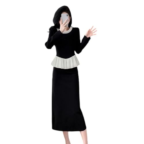 JYHBHMZG Conjunto de falda de manga larga con cuello redondo y cuentas para mujer con estampado vintage, Negro, XS