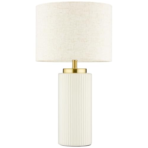 New Gorgeous White Ribbed Ceramic Table Lamp with Modern Fabric Shade Perfect for Bedroom Living Room Office Home Decor - A34