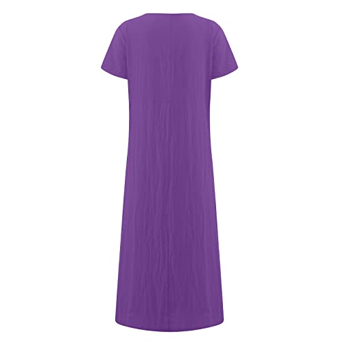 Uodsvp Women's Wear To Work Dresses, Juniors Casual Summer Dresses Woman Wear Fashion Casual Solid Color O-Neck Short-Sleeve Loose Pocket Cotton Linen Dress Tank Vacation Outfits Petite (5Xl, Purple) #TOP3