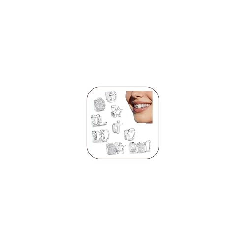MUSECLOUD 9PCS White Gold Plated Grills for Your Teeth Grillz Style A