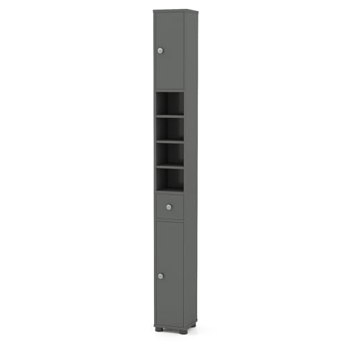 COSTWAY Badschrank schmal, Badezimmerschrank mit 2 Türen, 1 Schublade & verstellbaren Regalen, Bad Hochschrank platzsparend für Badezimmer, Wohnzimmer, 20 x 20 x 180 cm (Mit 4 Ablagen,Hellgrau)
