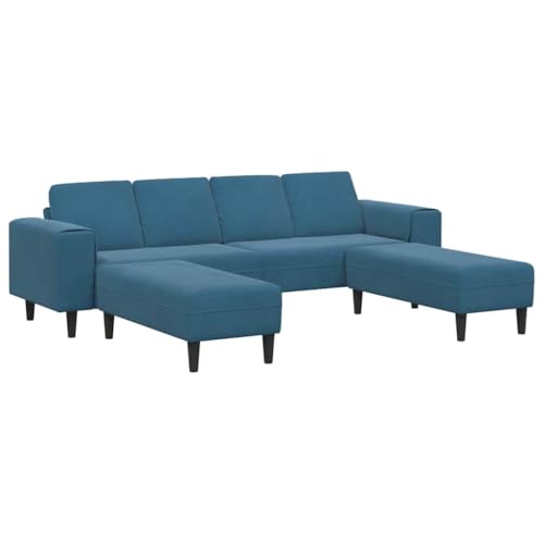Sofá moderno de terciopelo azul para 4 personas, con puf y patas negras. Medidas: 250 x 188 x 76 cm. Asientos cómodos, opciones de distribución versátiles. Estructura de madera de ingeniería y acabad
