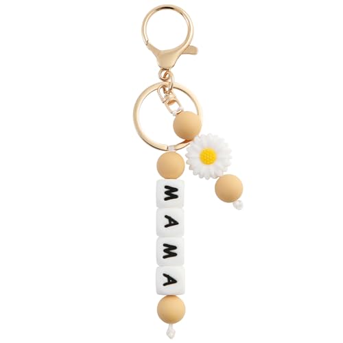 Neujiwo Mama Keychain for Women Silicone Flower Beaded Key Chains Gift for Mom Purse Bag Car Keys Charms Accessories Khaki