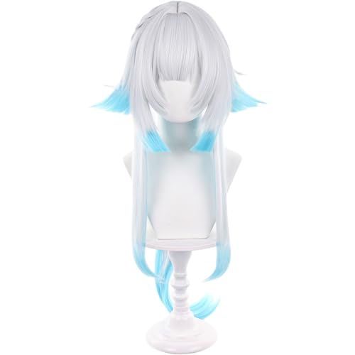 Image of Anime White Gradient Blue Wigs with Bangs Women Long Straight Wig with Braids and Ponytail Cery Adult COS Game Empress Wigs Halloween,Christmas,Comic con,Game Show,Party
