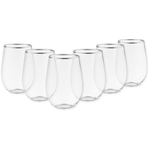 DecorLine Elegant Stemless Wine Goblets - 16 oz (Pack of 6) - Clear with Luxurious Silver Rim - Chic, Durable & Timeless Design - Perfect for Entertaining and Celebrations