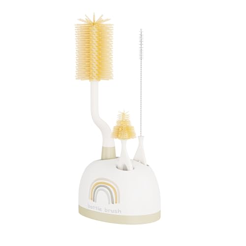 Image of ePiiChua Silicone Bottle Brush Set with Stand, 360° Rotating Bottle Cleaning Brush Cleaner Set, Long Handle 3 in 1 Multipurpose Silicone Baby Bottle Straw Cleaner Brush (Beige)
