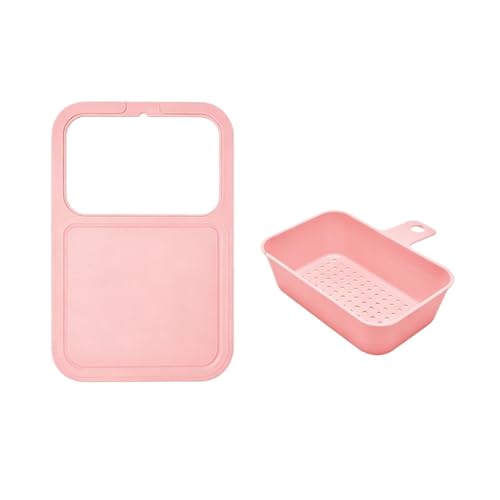 Planche à découper d'évier multifonctionnelle rose avec panier de vidange 2 en 1 - 2