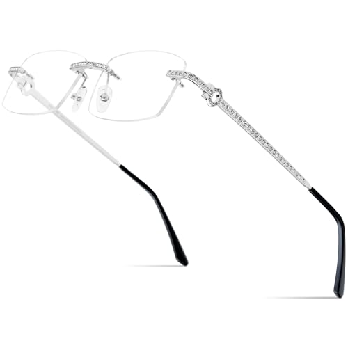 Image of HEPIDEM Vintage Style Rectangular Rimless Metal Eyeglasses for Men,New Frameless Zircon Diamonds Optical Glasses Frame