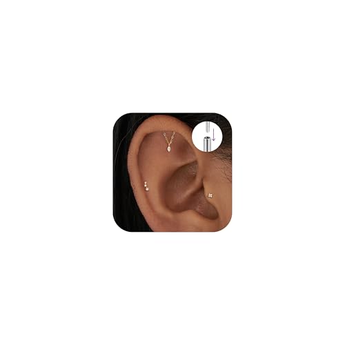 Fwlisesa Helix Piercing Jewelry Tiny Threadless Flat Back Earrings Cute CZ Clover Chain Stud Cartilage Earrings Stainless Steel Conch Piercing Jewelry for Women 18G Nose Tragus Helix Earrings Set