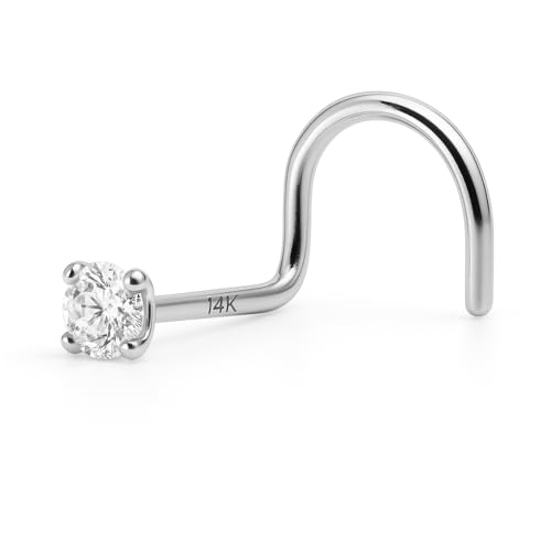 Velvet Treasures 14k Solid Gold Nose Screw Nose Piercing 2mm Genuine Diamond 5/16 Inch Length 20 Gauge Nose Ring (White Gold)