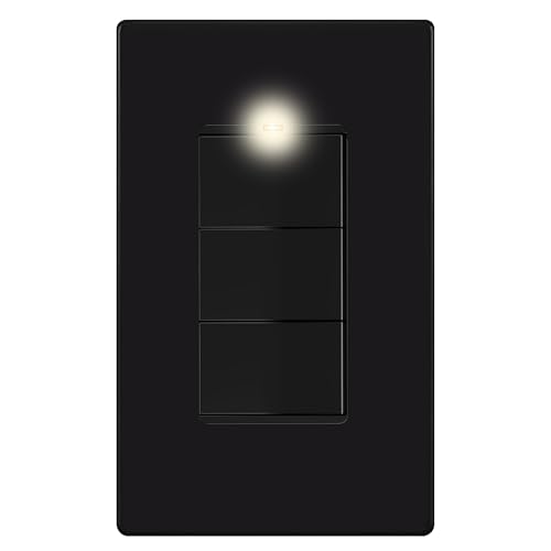 Image of LIDER Lighted Triple Switch with Screwless Wall Plate, Combination Frameless Decorator Switch with Locator Light, Ground Terminal, Single Pole, 15A 120V, UL Listed, Thermoplastic, Matte Black